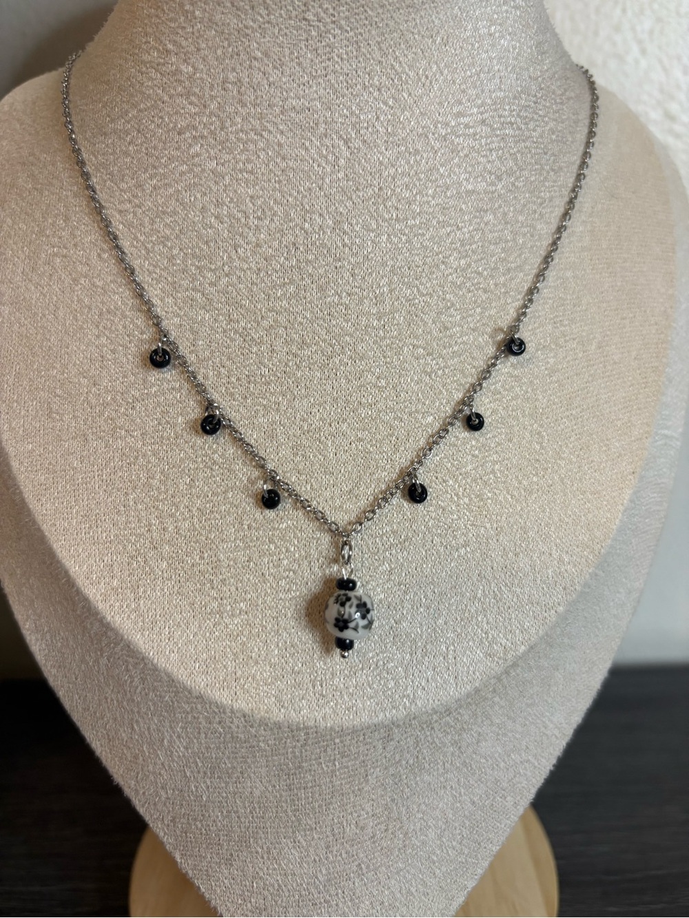 Handmade Black Floral Porcelain Charm Necklace | Waterproof & Tarnish Resistant